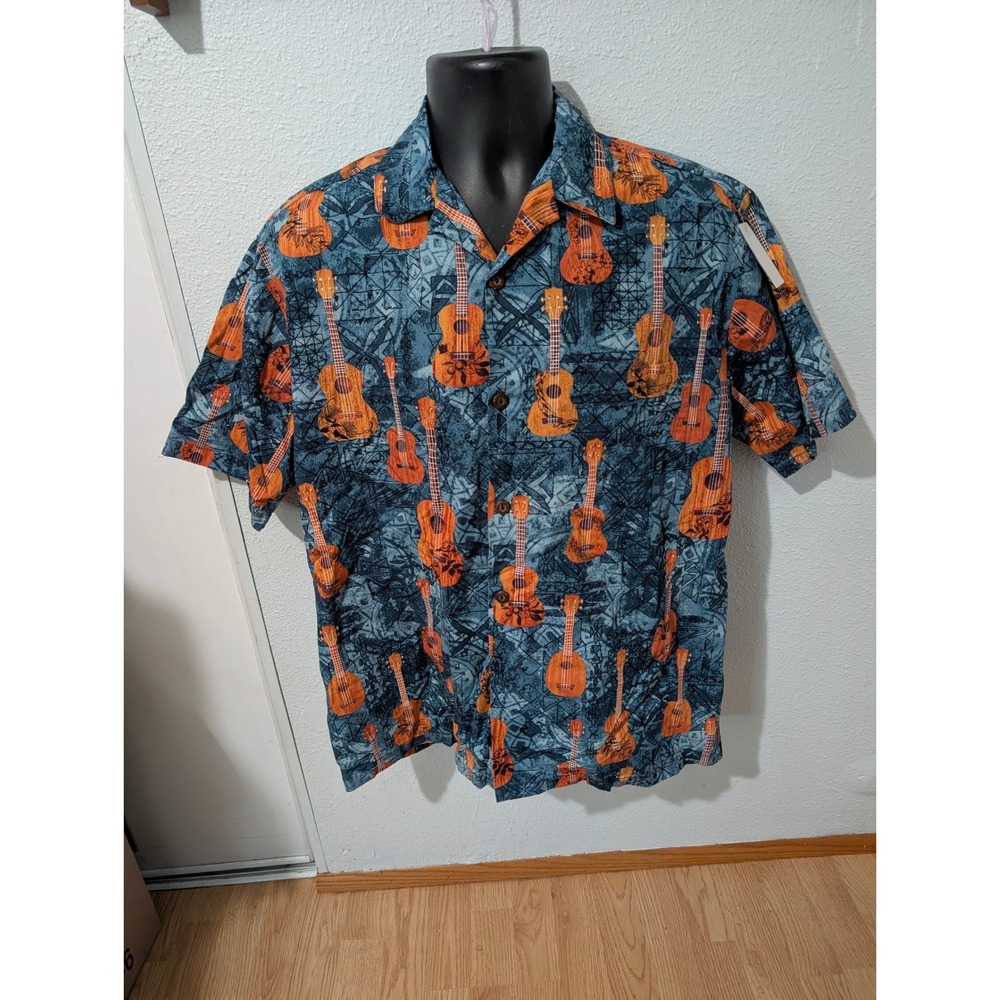 Hilo Hattie Hawaiian Shirt‎ Mens M Blue Orange Ukulele Made in Hawaii 100%Cotton